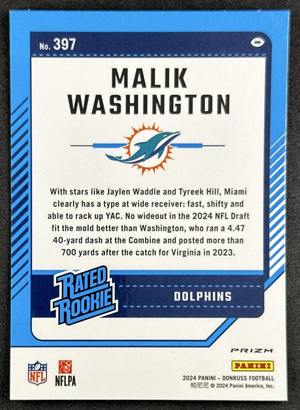 Malik Washington 2024 Panini Donruss Optic Rated Rookie Preview Pink Dolphins Sports Trading Cards