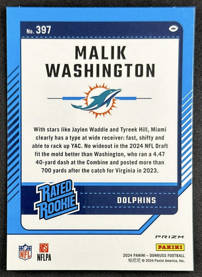Malik Washington 2024 Panini Donruss Optic Rated Rookie Preview Pink Dolphins Sports Trading Cards