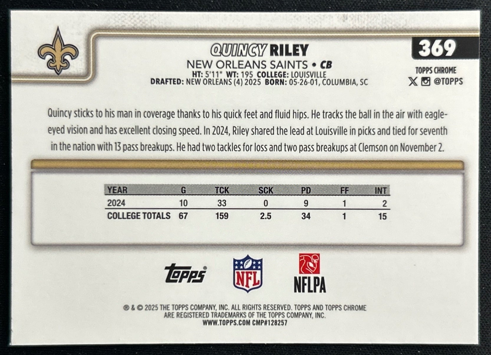 Quincy Riley 2025 Topps Chrome Rookie Saints Sports Trading Cards