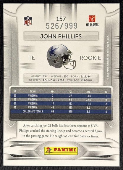 John Phillips 2009 Panini Playoff Prestige Draft Picks Light Blue /999 Cowboys back