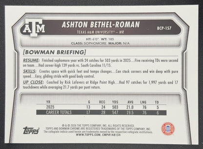 Ashton Bethel-Roman 2026 Bowman Chrome Prospects Mojo Refractor Aggies