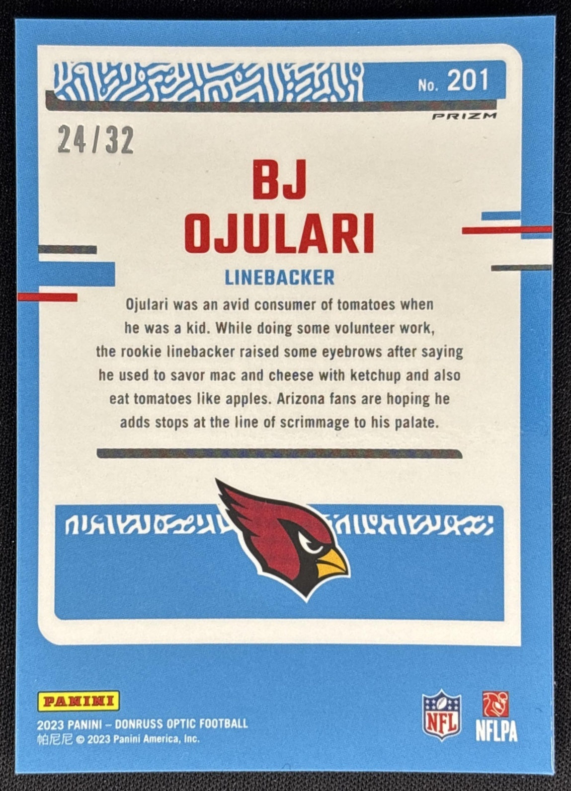 BJ Ojulari 2023 Panini Donruss Optic Shield Prizm /32 Cardinals back
