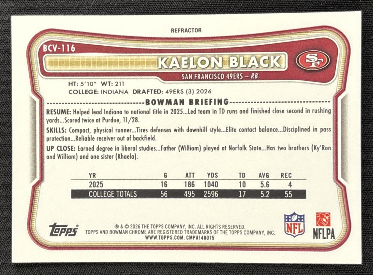 Kaelon Black 2026 Bowman Chrome NFL Refractor /499 49ers