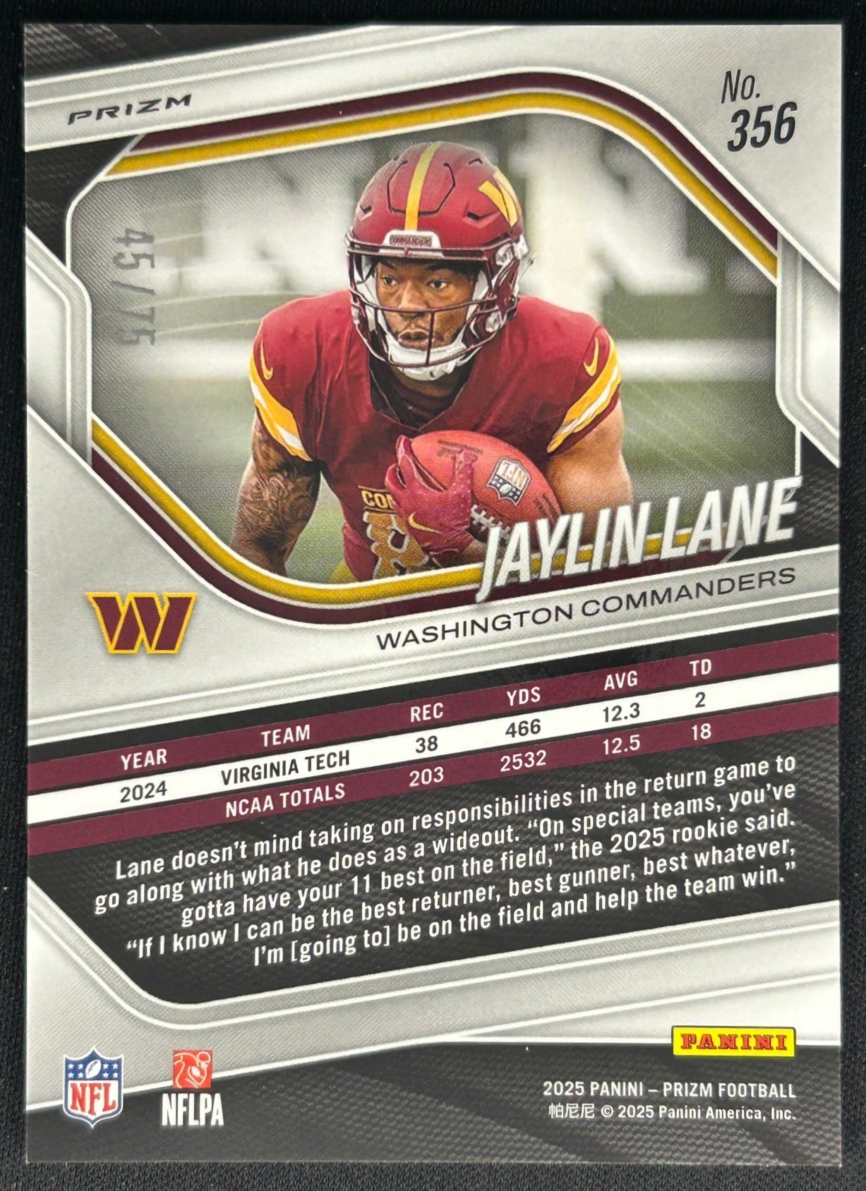 Jaylin Lane 2025 Panini Prizm Green Scope /75 Commanders Sports Trading Cards