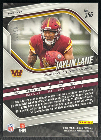 Jaylin Lane 2025 Panini Prizm Green Scope /75 Commanders Sports Trading Cards