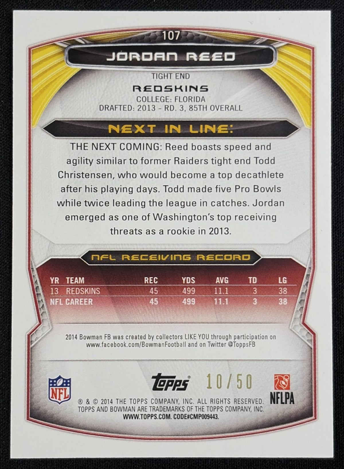 Jordan Reed 2014 Bowman Veterans Orange /50 Redskins Sports Trading Card