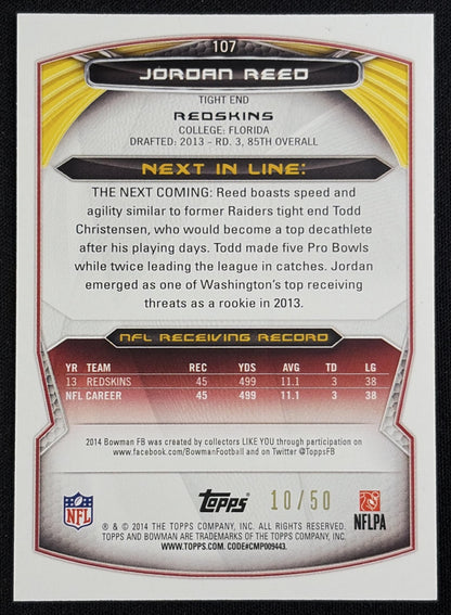 Jordan Reed 2014 Bowman Veterans Orange /50 Redskins Sports Trading Card