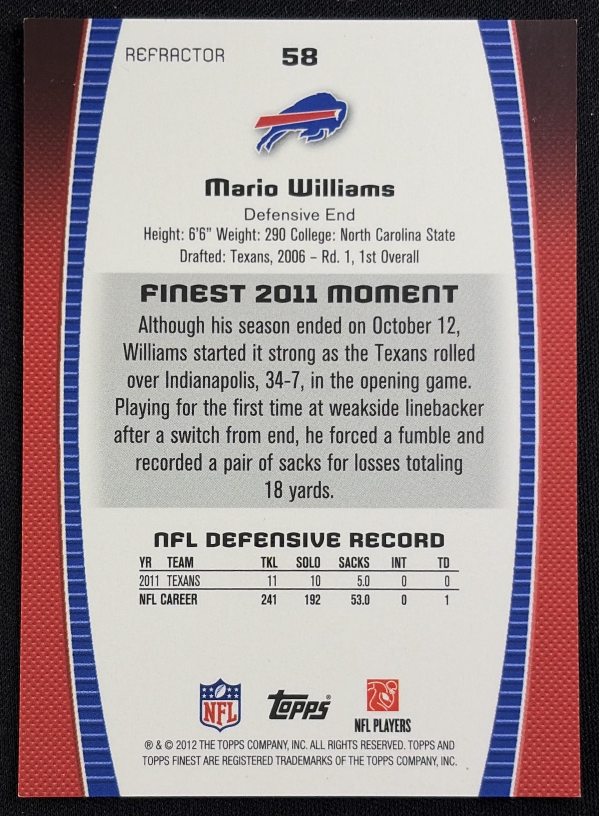 Mario Williams 2012 Topps Finest Blue Refractors /99 Bills Sports Trading Card