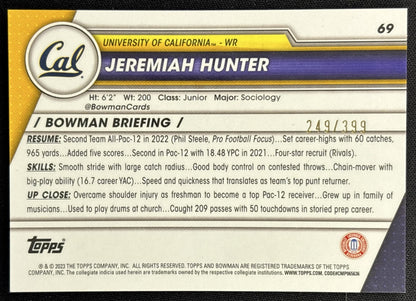 Jeremiah Hunter 2023 Bowman University Chrome Purple Refractor /399 Golden Bears back