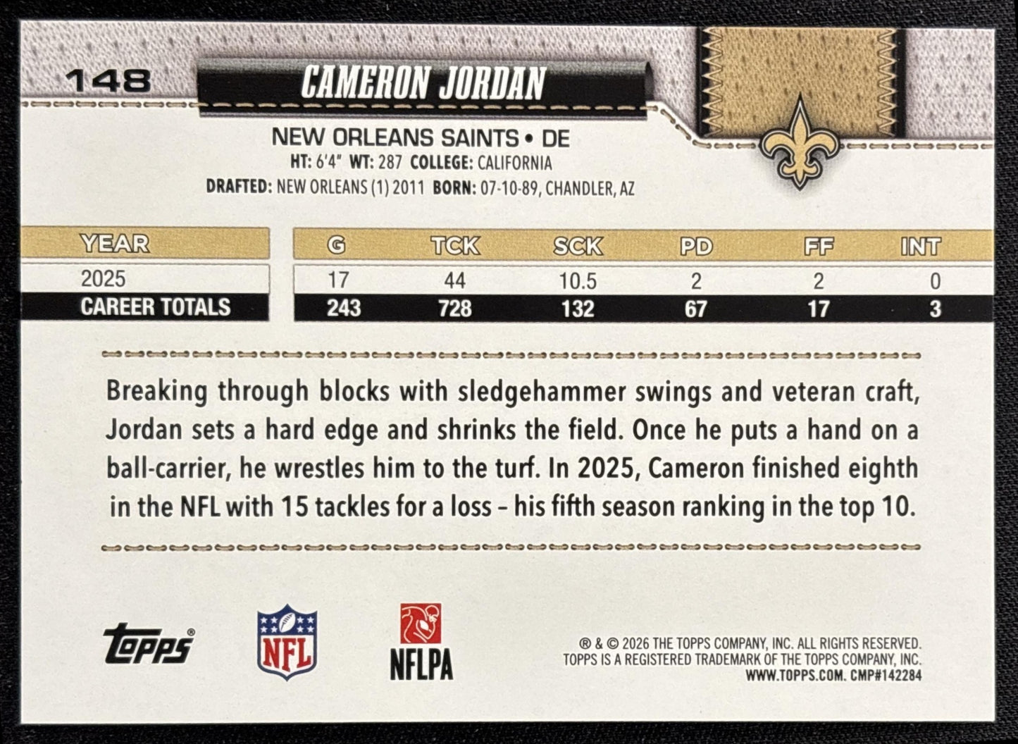 Cameron Jordan 2026 Topps Football Leather Foil Saints
