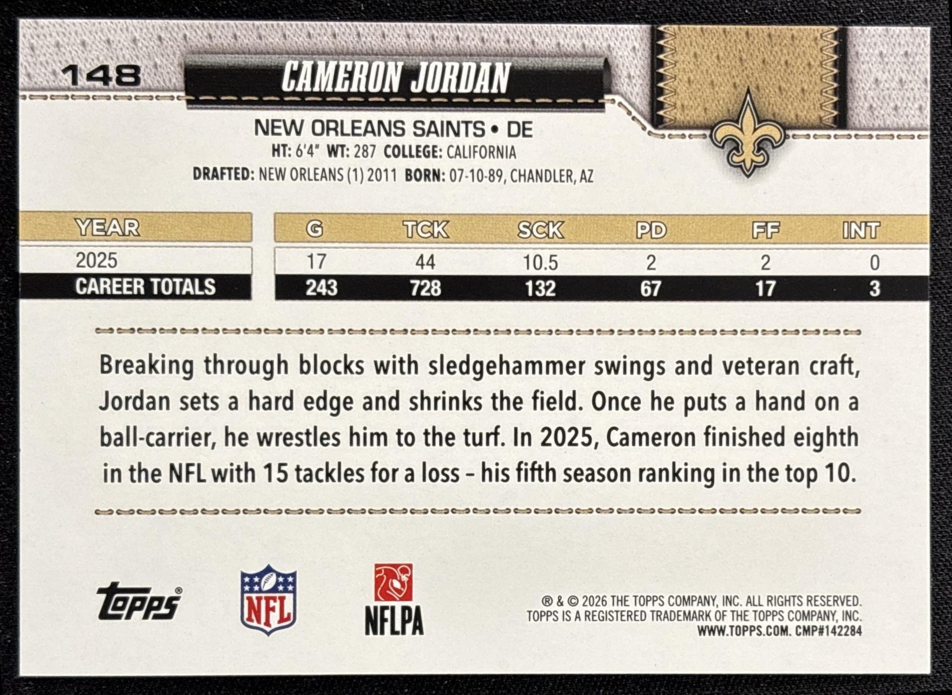 Cameron Jordan 2026 Topps Football Leather Foil Saints
