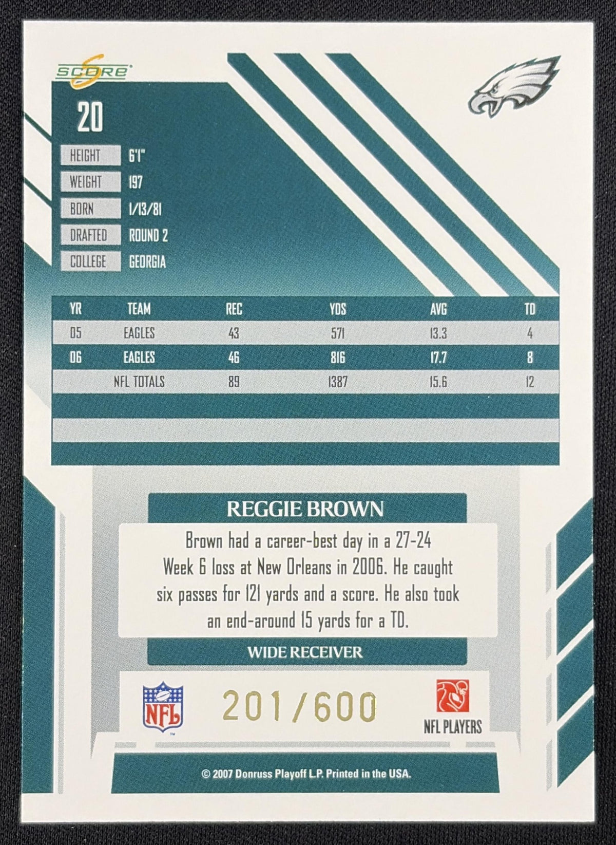 Reggie Brown 2007 Score Gold Zone /600 Eagles