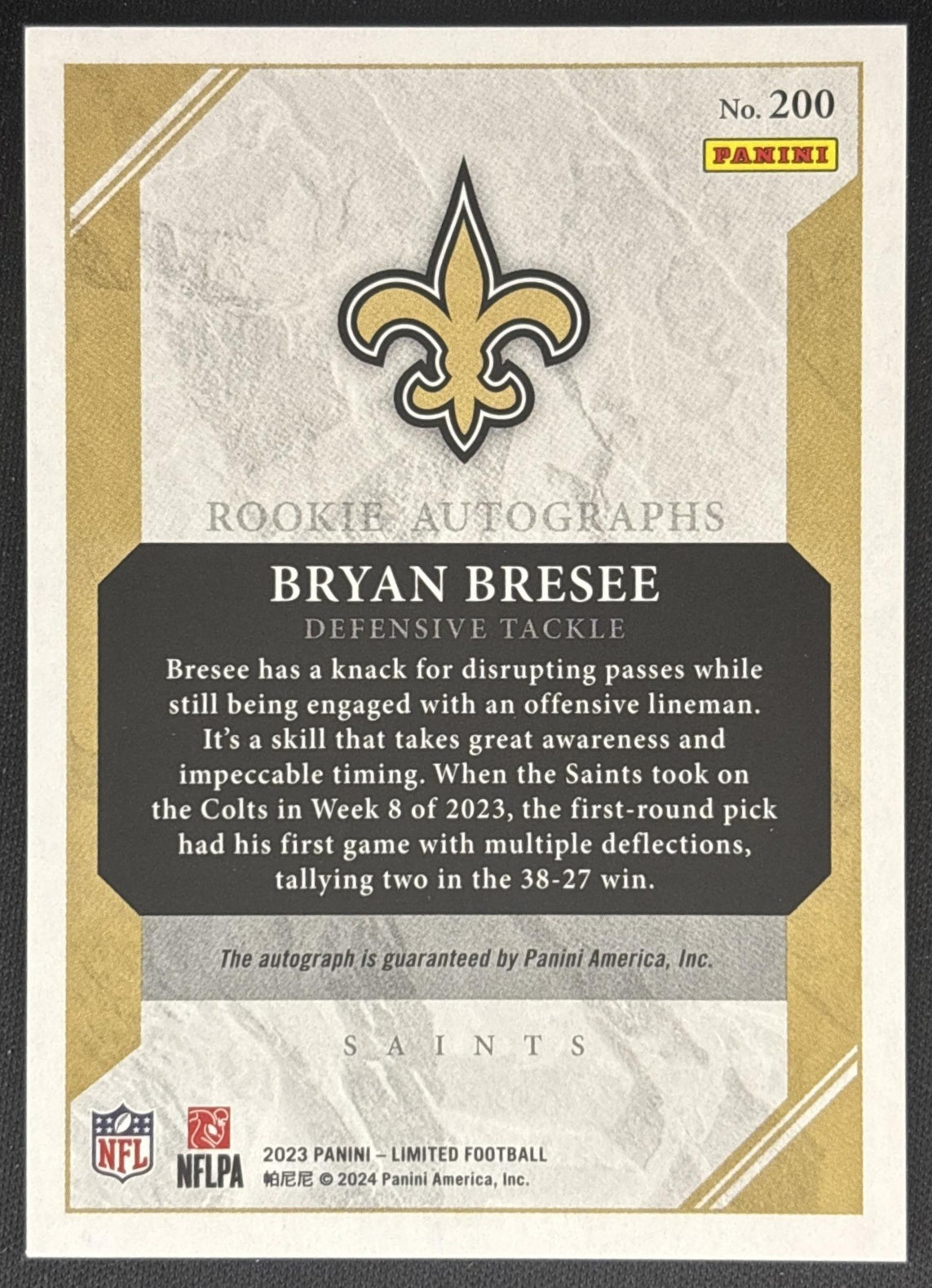 Bryan Bresee 2023 Panini Donruss Optic Rated Rookie Auto /199 Saints back