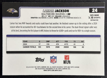 Lamar Jackson 2025 Topps Chrome Refractor Ravens Sports Trading Card