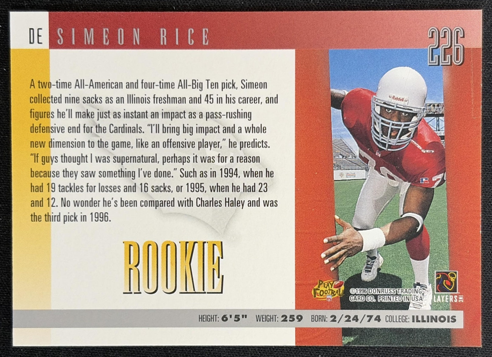 Simeon Rice 1996 Donruss Cardinals Back