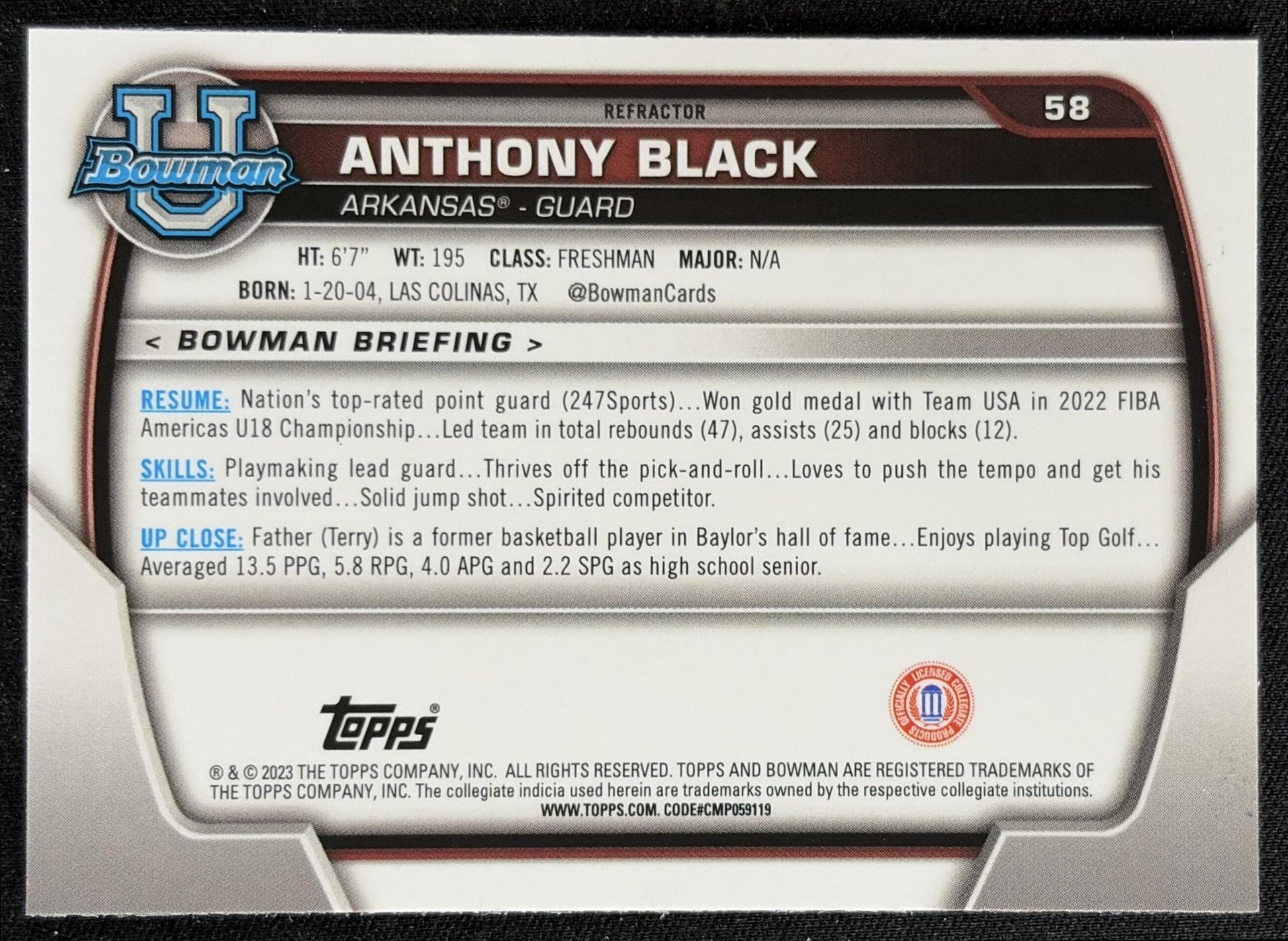Anthony Black 2022 Bowman Chrome University Refractor Razorbacks