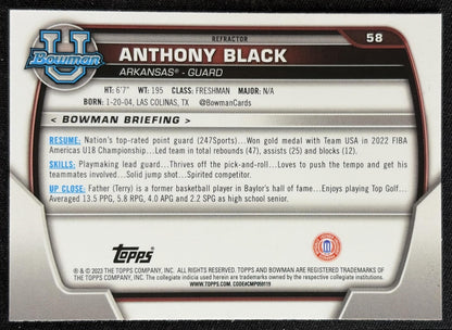 Anthony Black 2022 Bowman Chrome University Refractor Razorbacks