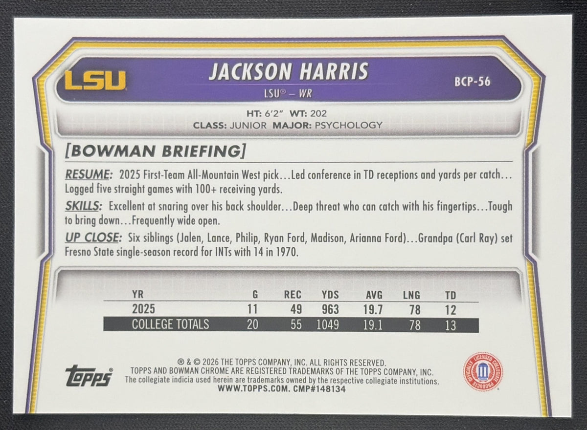 Jackson Harris 2026 Bowman Chrome Prospects Mojo Refractor Tigers