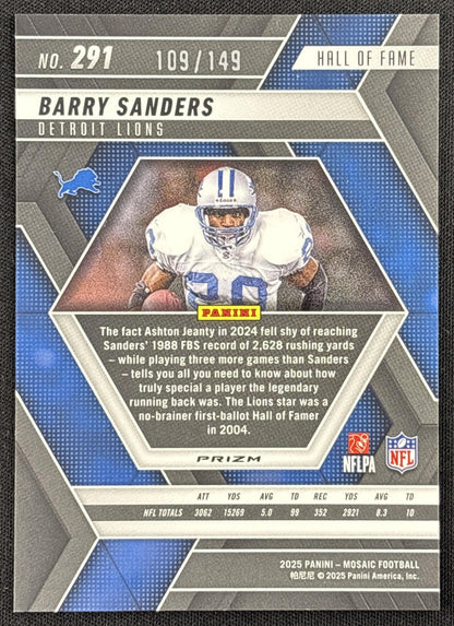 Barry Sanders 2025 Panini Mosaic Hall of Fame Silver Knight Prizm /149 Lions