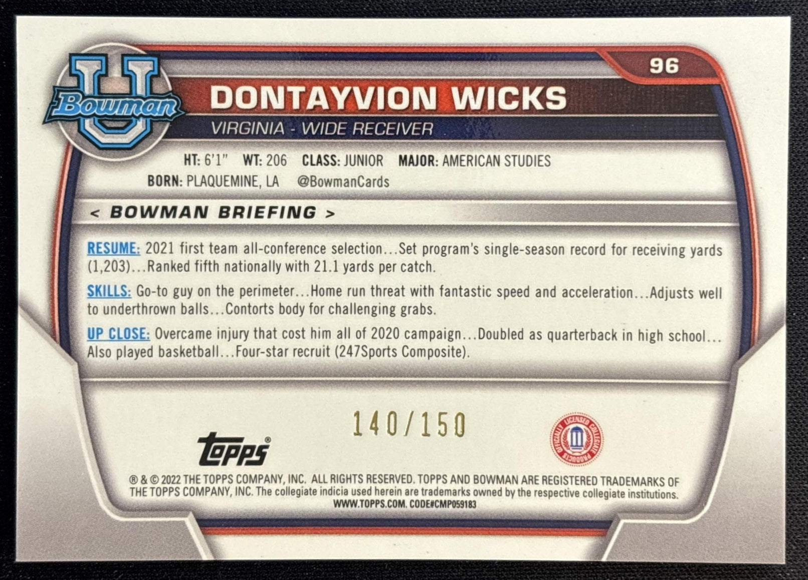 Dontayvion Wicks 2022 University Chrome Fuschia Mini Diamond Refractor /150 back