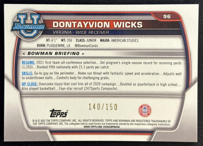 Dontayvion Wicks 2022 University Chrome Fuschia Mini Diamond Refractor /150 back