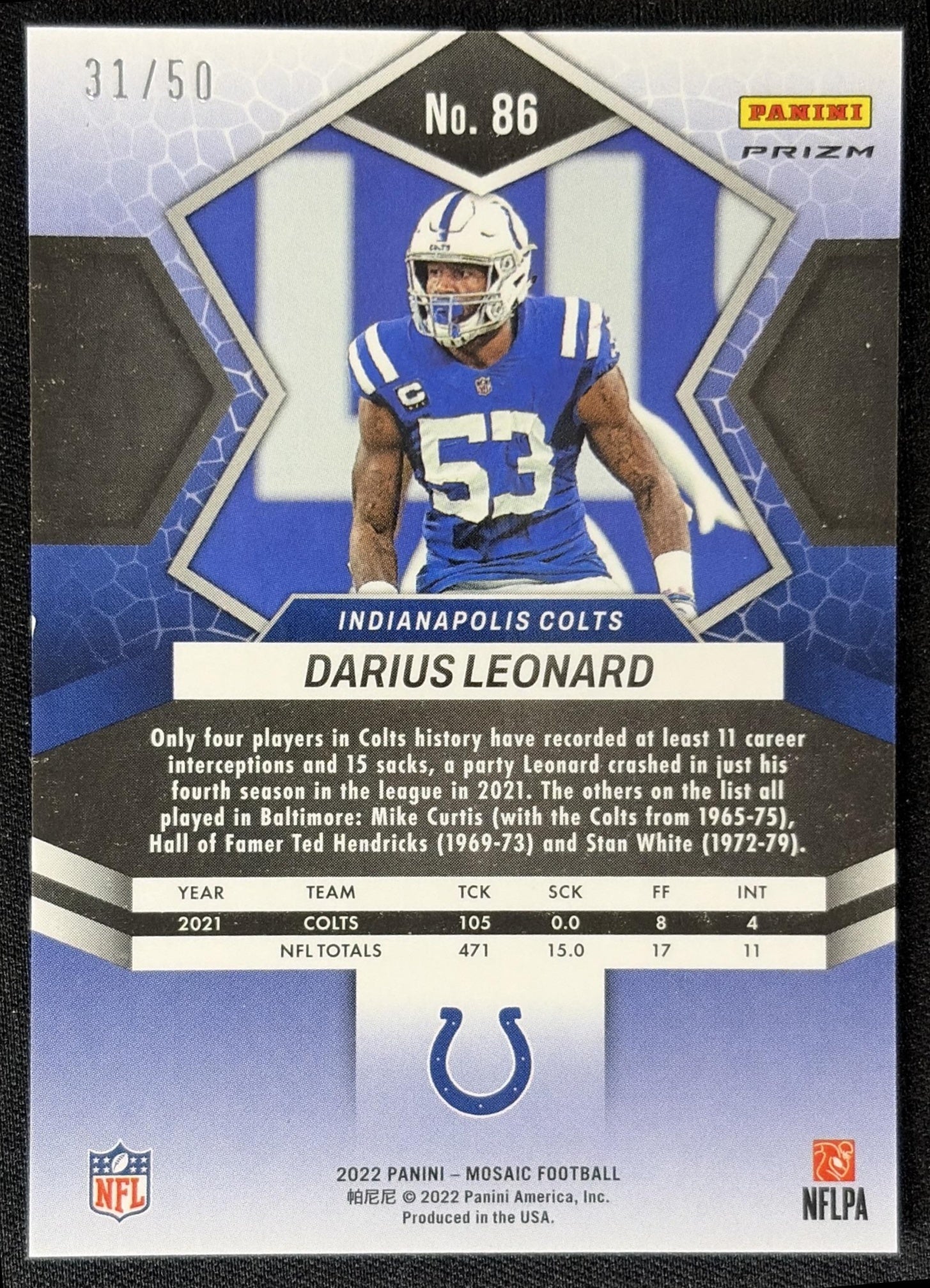 Darius Leonard 2022 Panini Mosaic No Huddle Purple /50 Colts