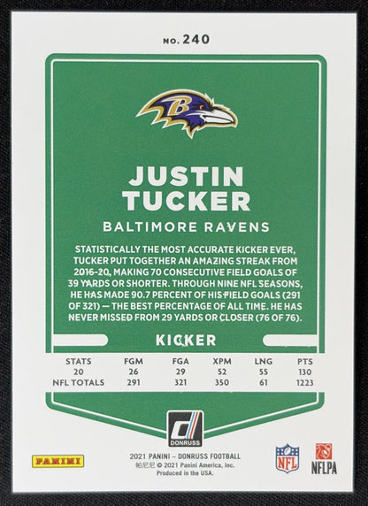 Justin Tucker 2021 Panini Donruss Press Proof Premium Ravens - Baltimore Ravens