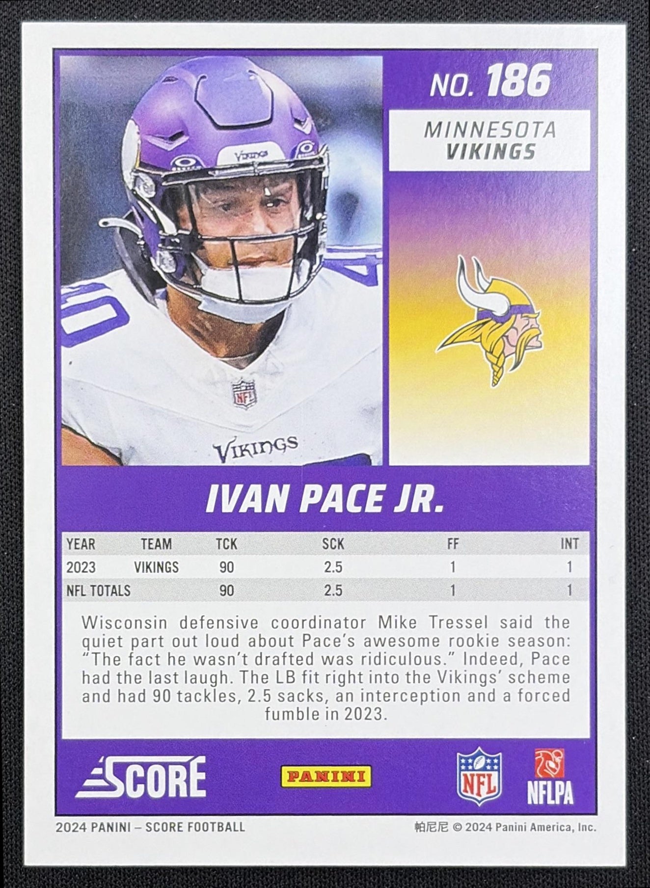 Ivan Pace Jr. 2024 Panini Score Gold Zone /50 Vikings back
