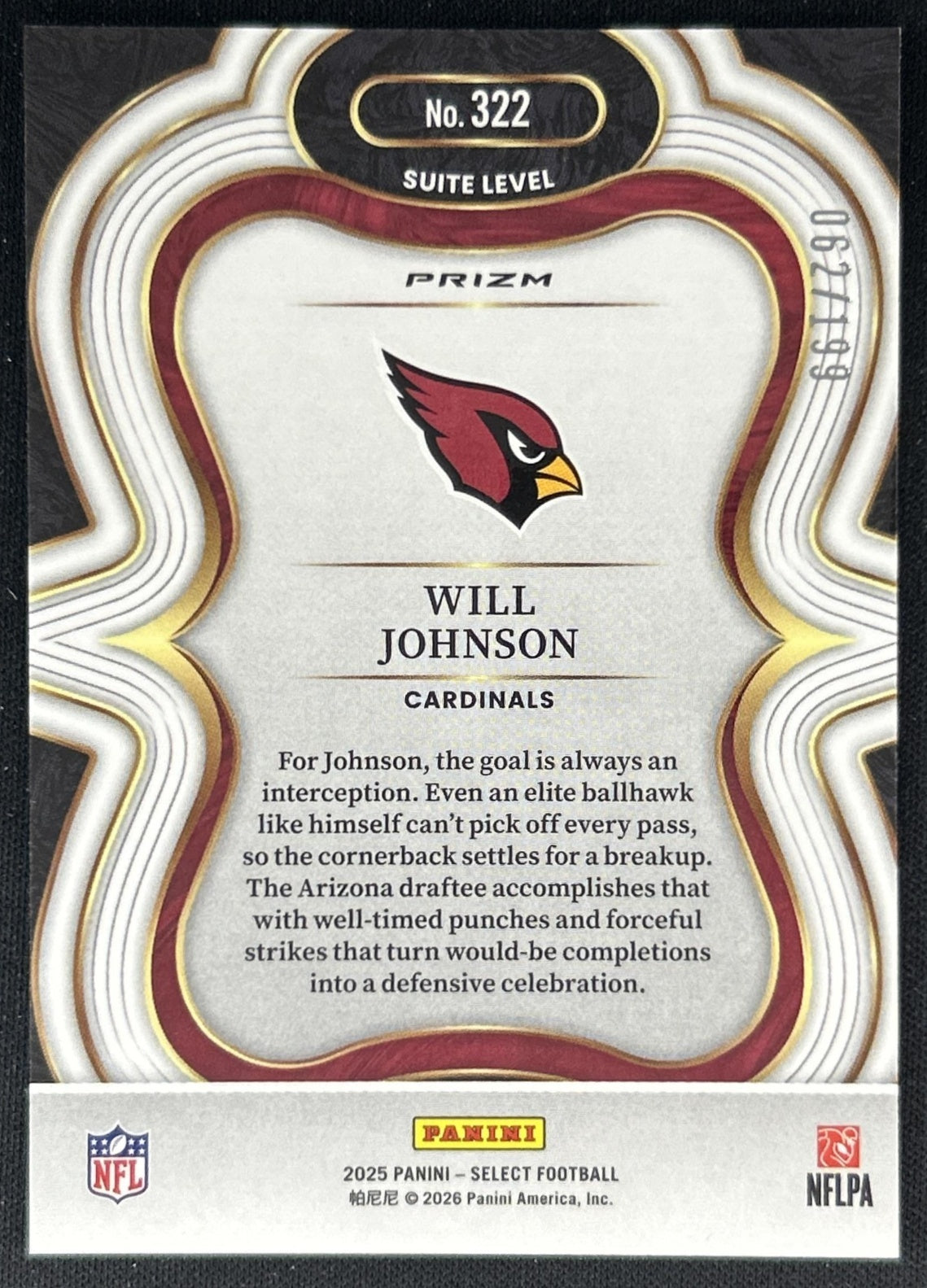 Will Johnson 2025 Panini Select Suite Level Tri-Color Prizm /199 Cardinals back