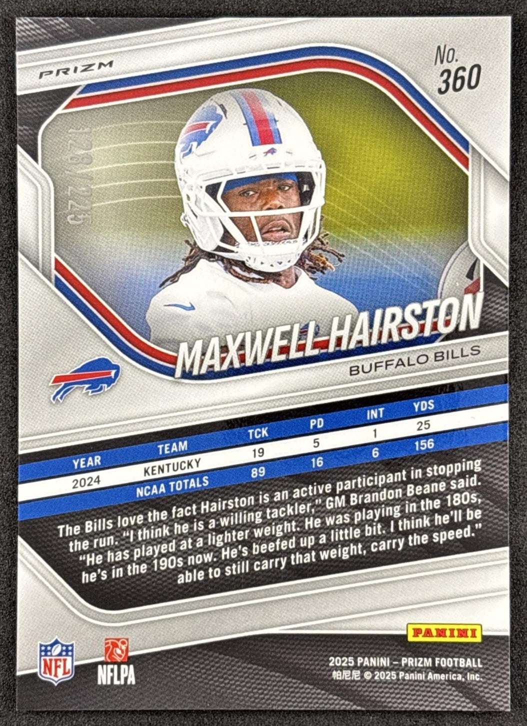Maxwell Hairston 2025 Panini Prizm Purple Ice /225 Bills back