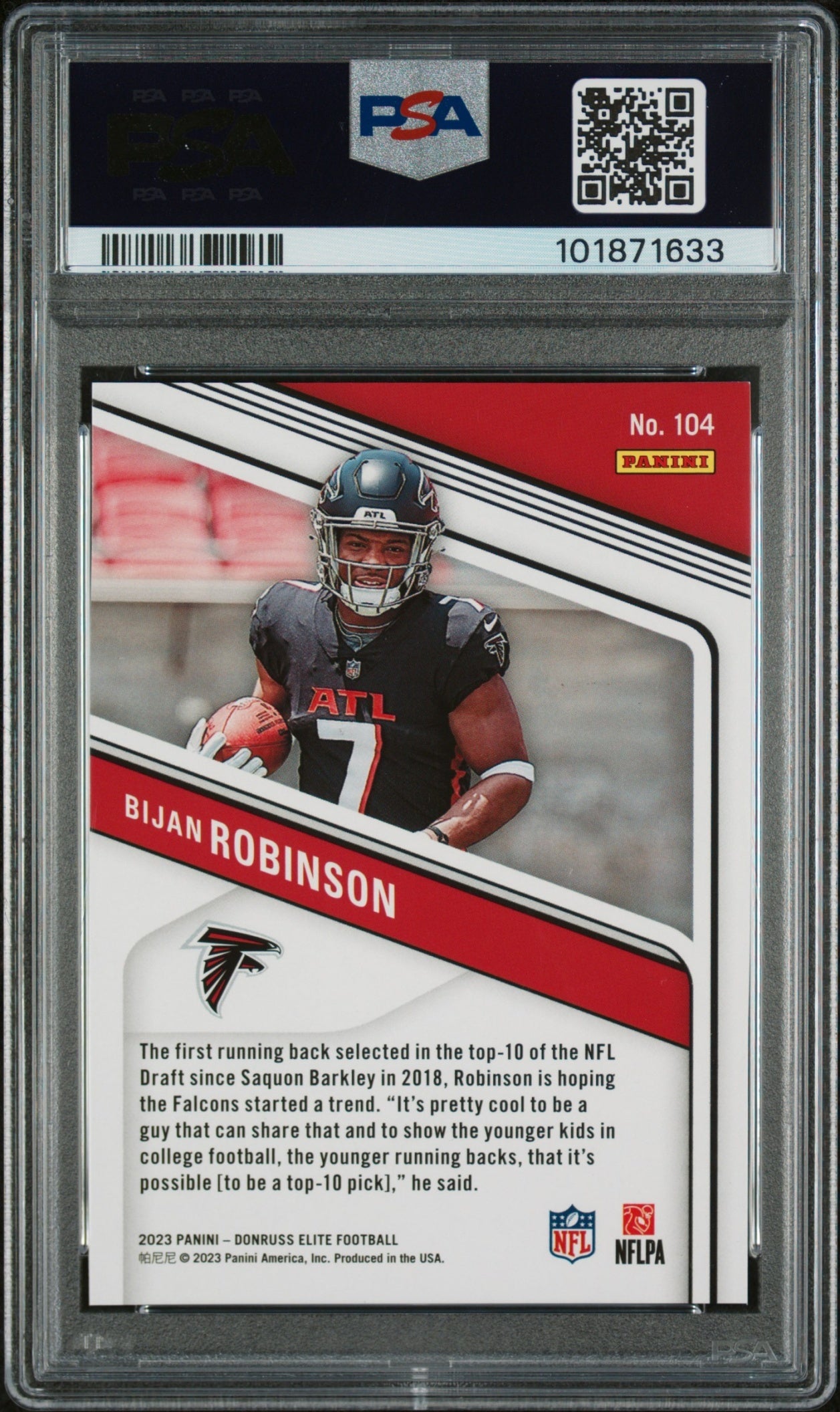 Bijan Robinson 2023 Panini Donruss Elite Blue /99 PSA 9 Falcons back