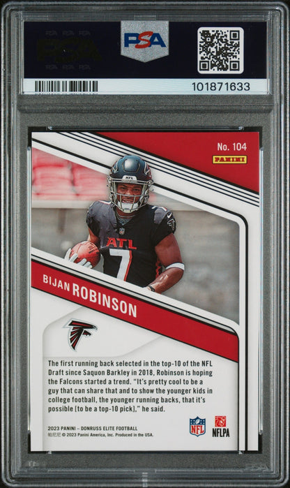Bijan Robinson 2023 Panini Donruss Elite Blue /99 PSA 9 Falcons back