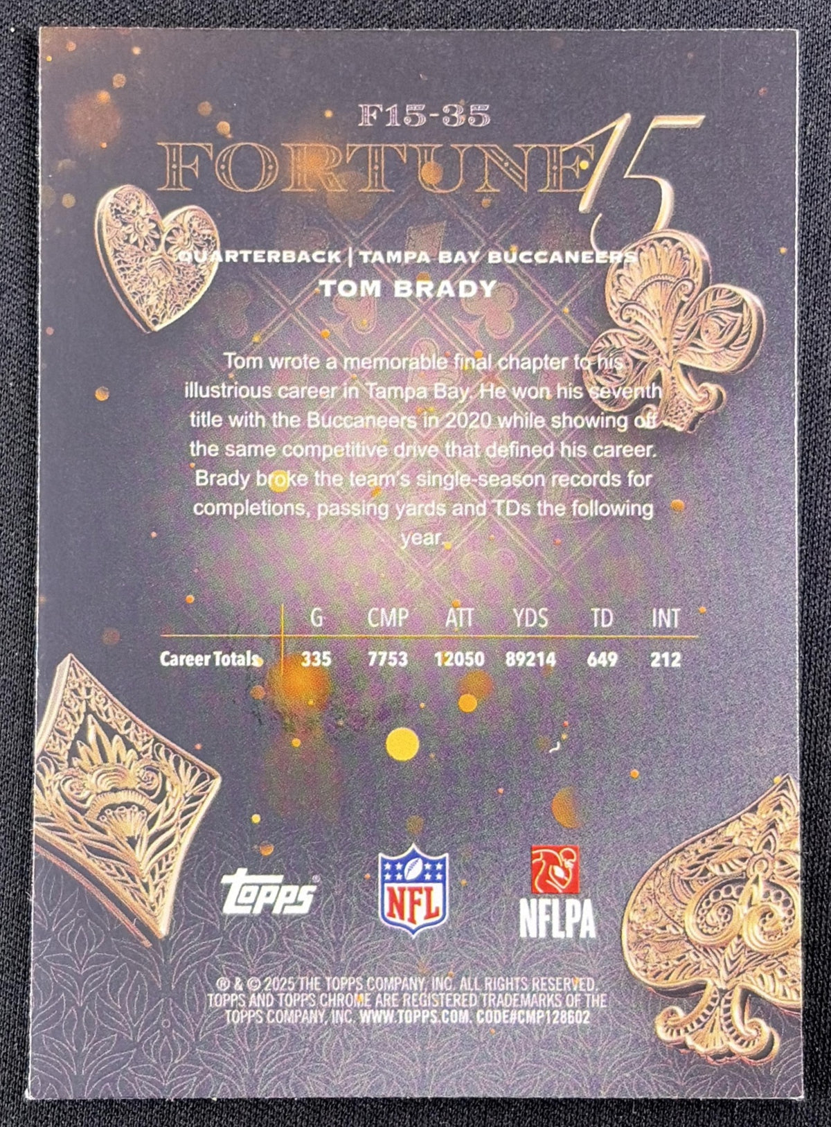 Tom Brady 2025 Topps Chrome Fortune 15 Aqua Refractor /199 Buccaneers Tampa Bay Buccaneers