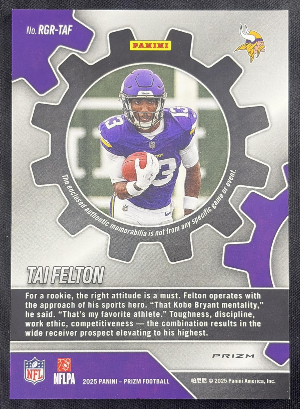 Tai Felton 2025 Panini Prizm Rookie Gear Neon Green Pulsar Vikings