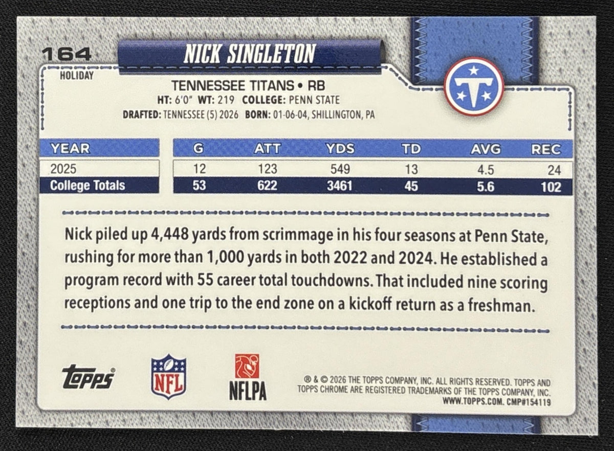Nick Singleton 2026 Topps Holiday Chrome Sparkle Refractor Titans - Back