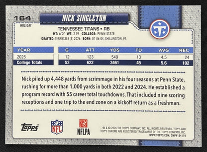 Nick Singleton 2026 Topps Holiday Chrome Sparkle Refractor Titans - Back