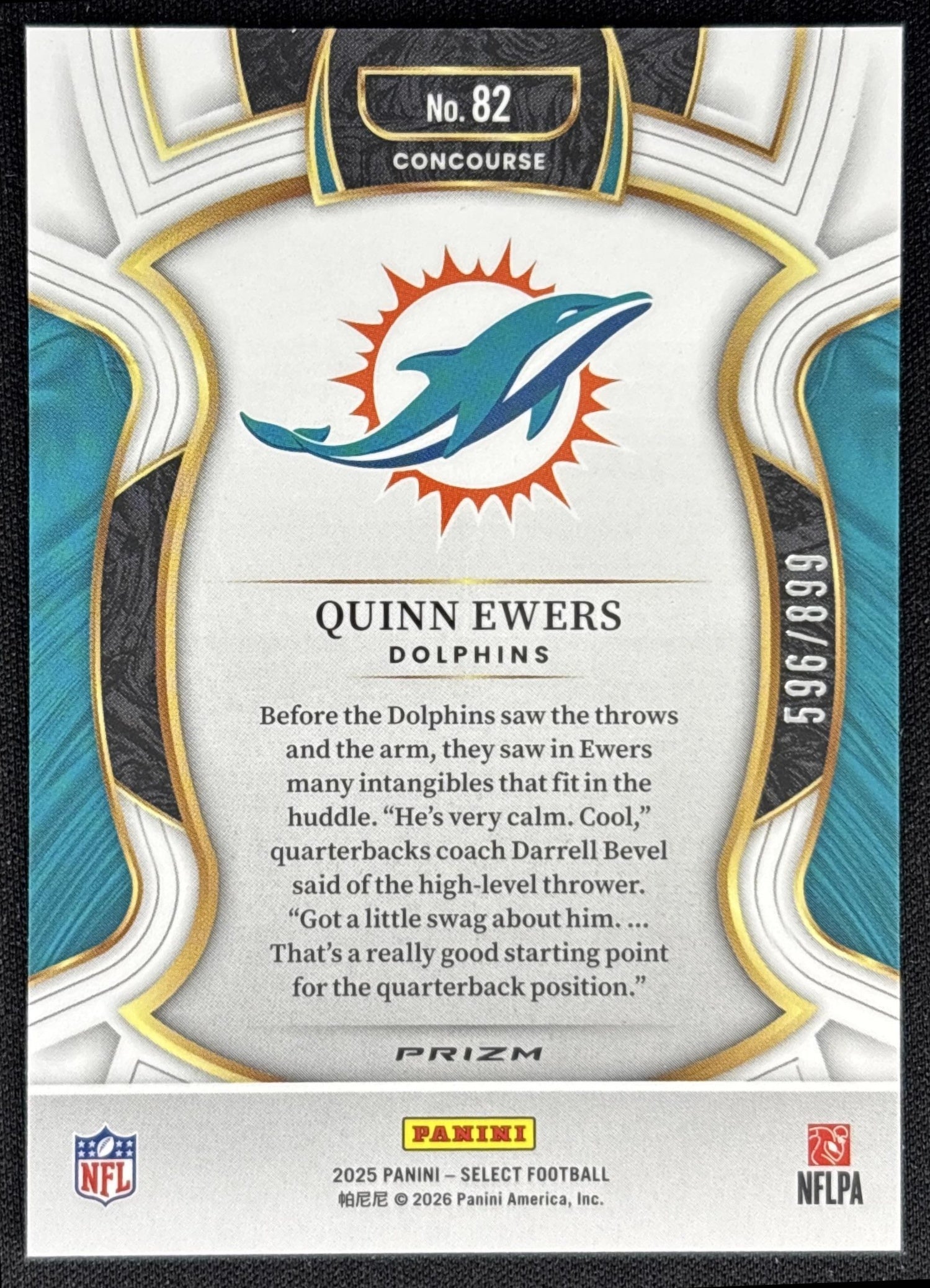 Quinn Ewers 2025 Panini Select Concourse Copper Prizm Shock /899 Dolphins