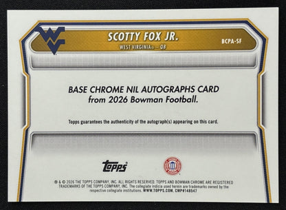 Scotty Fox Jr. 2026 Bowman Chrome Prospect Auto Blue Refractor /150 Mountaineers Sports Trading Card