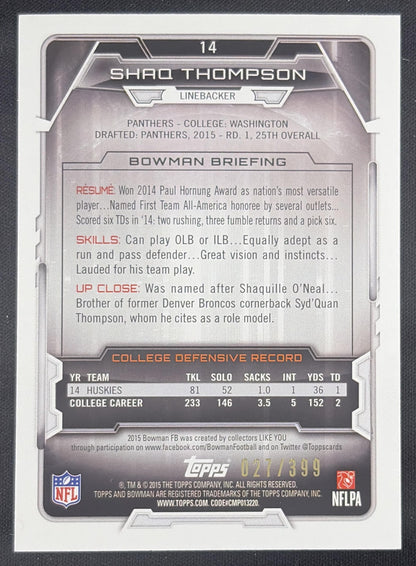 Shaq Thompson 2015 Bowman Rookies Gold /399 Panthers Sports Trading Card