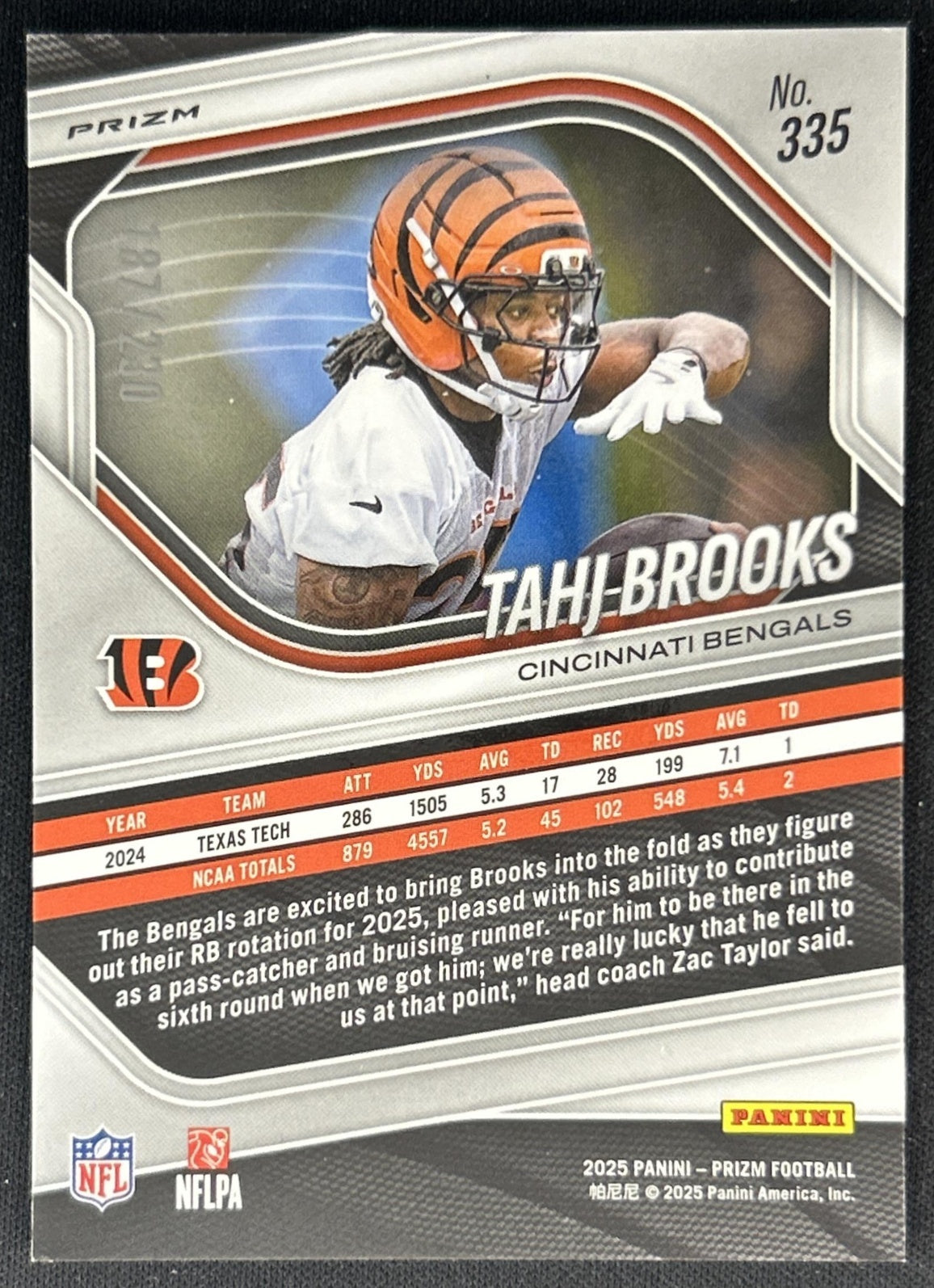 Tahj Brooks 2025 Panini Prizm Blue Wave /230 Bengals Back