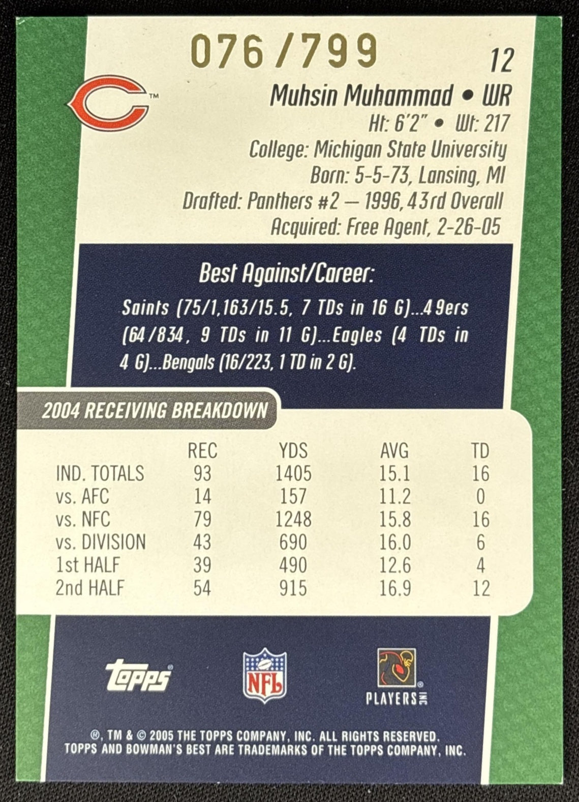 Muhsin Muhammad 2005 Bowman's Best Green /799 Bears Sports Trading Cards