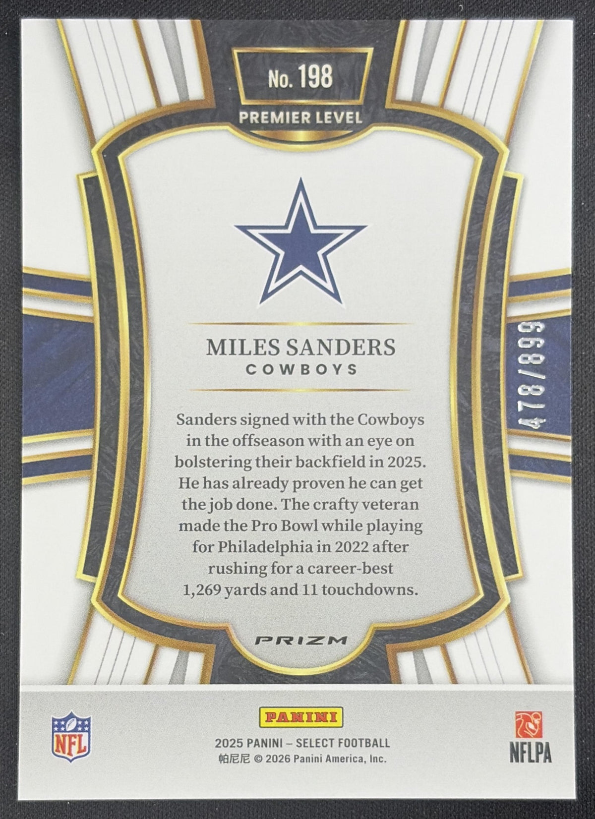 Miles Sanders 2025 Panini Select Premier Level Copper Prizm Shock /899 Cowboys Sports Trading Card