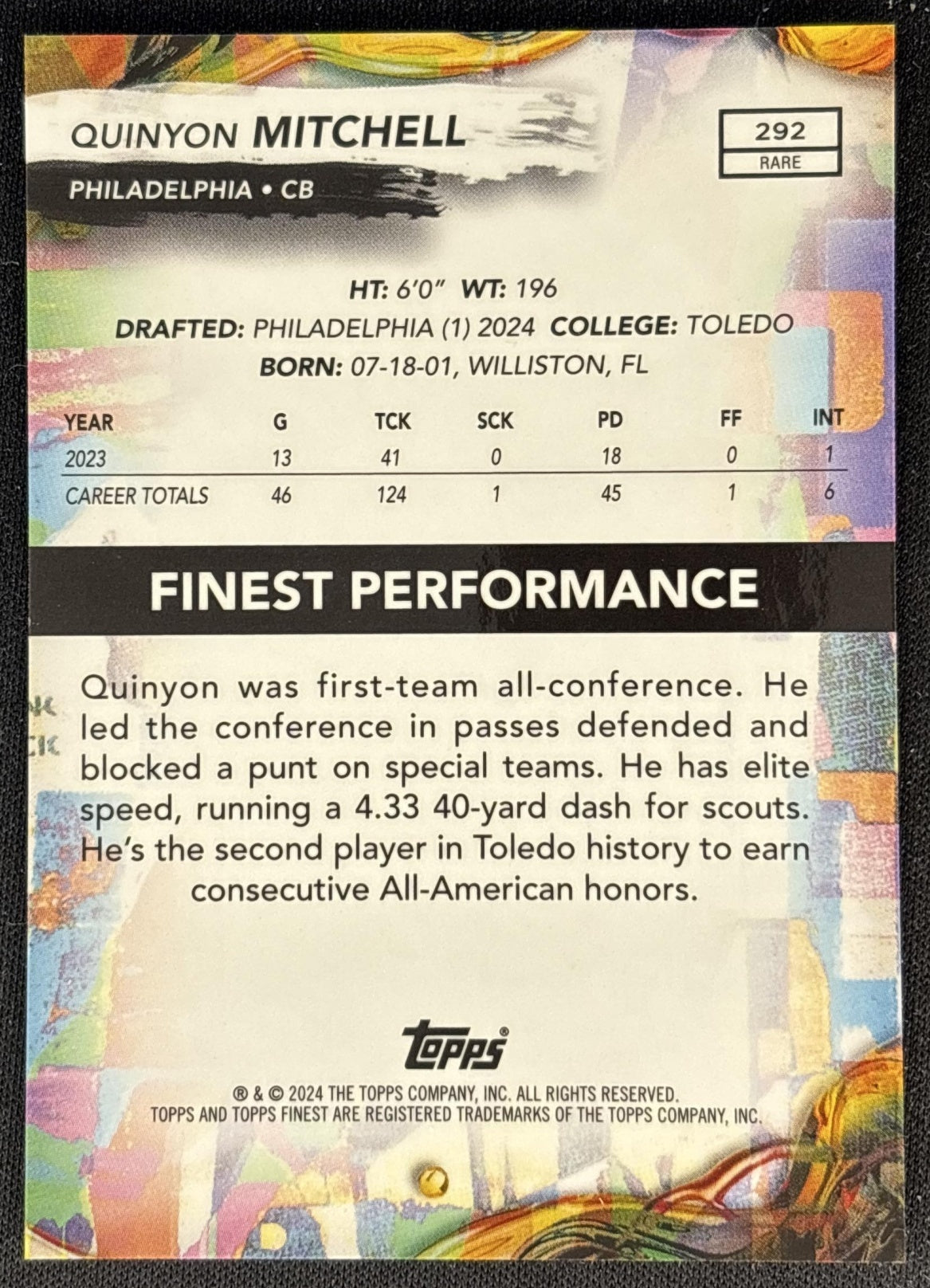 Quinyon Mitchell 2024 Topps Finest Blue Checkerboard Refractor /49 Eagles