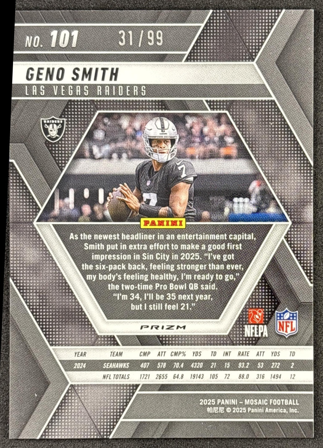 Geno Smith 2025 Panini Mosaic Blue Prizm /99 Raiders back