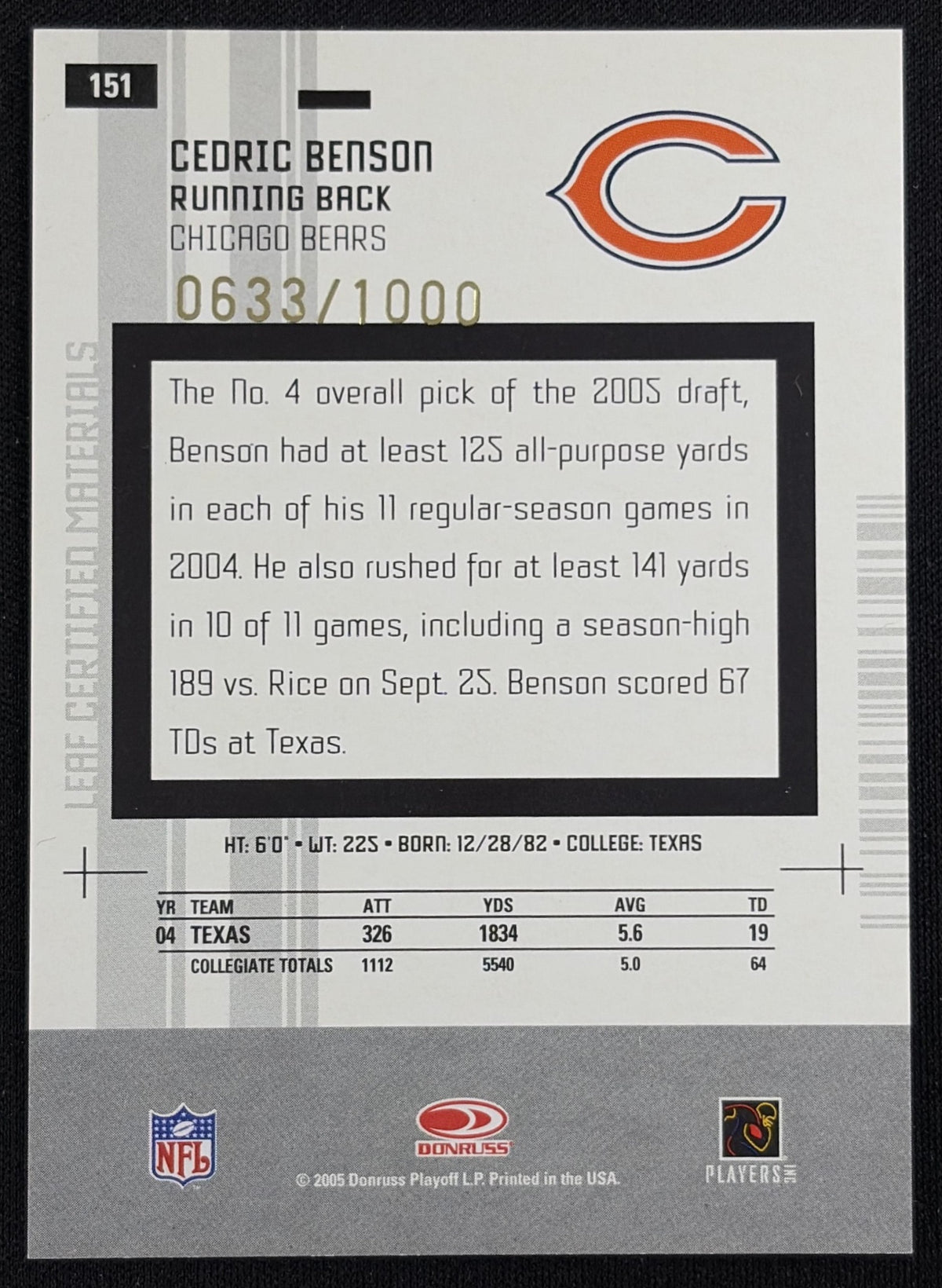 Cedric Benson 2005 Leaf Certified Materials /1000 Bears - back