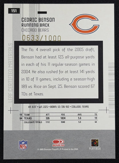 Cedric Benson 2005 Leaf Certified Materials /1000 Bears - back
