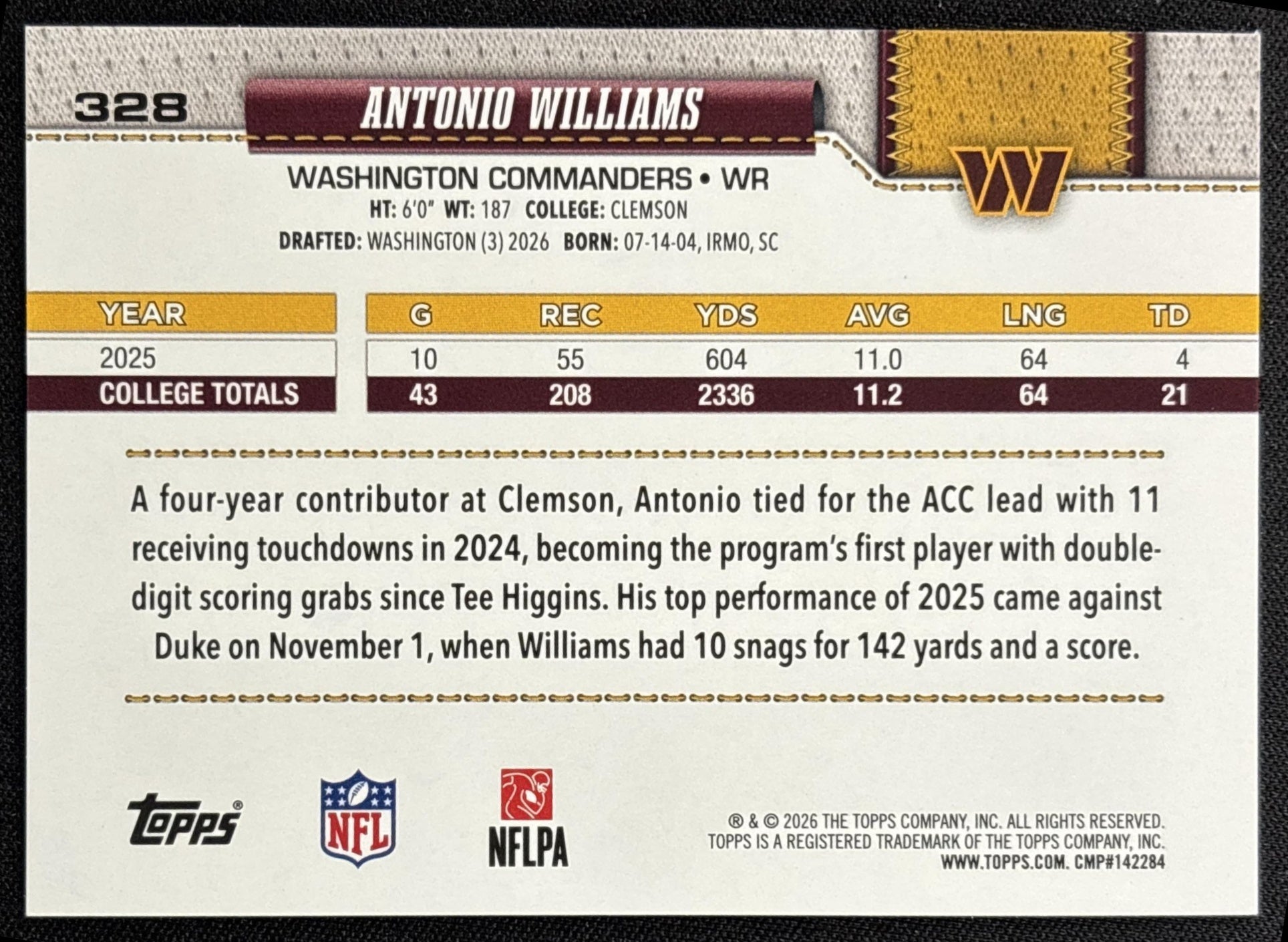 Antonio Williams 2026 Topps Rainbow Foil Commanders