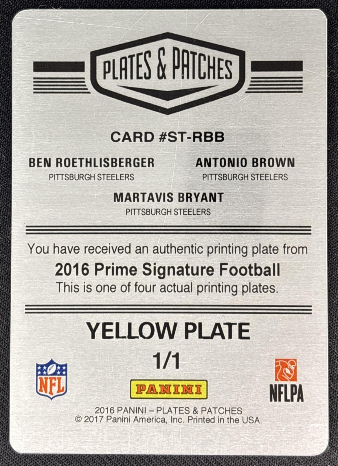 Ben Roethlisberger Antonio Brown Martavis Bryant 2016 Prime Signature Football Printing Plate 1/1 Steelers Non-Sports Trading Cards