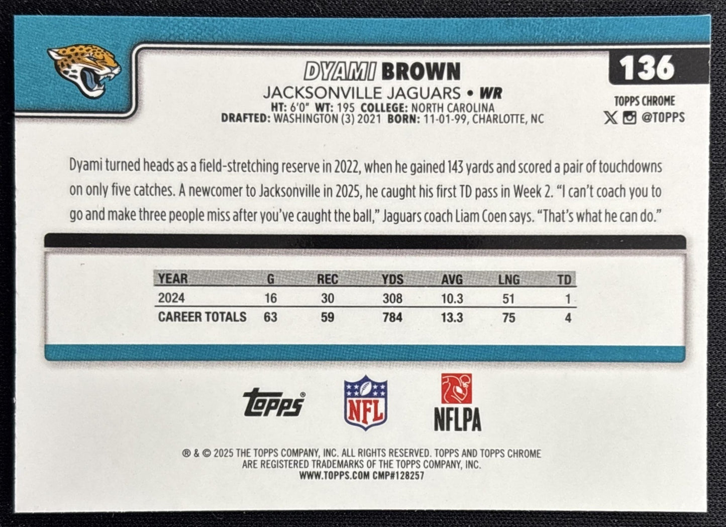 Dyami Brown 2025 Topps Chrome RayWave Refractor Jaguars back