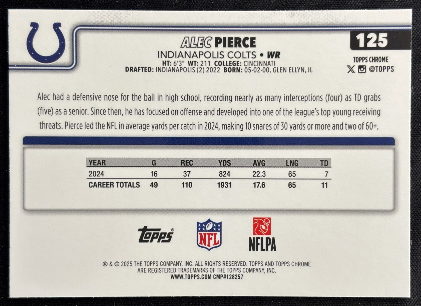 Alec Pierce 2025 Topps Chrome Colts Sports Trading Cards